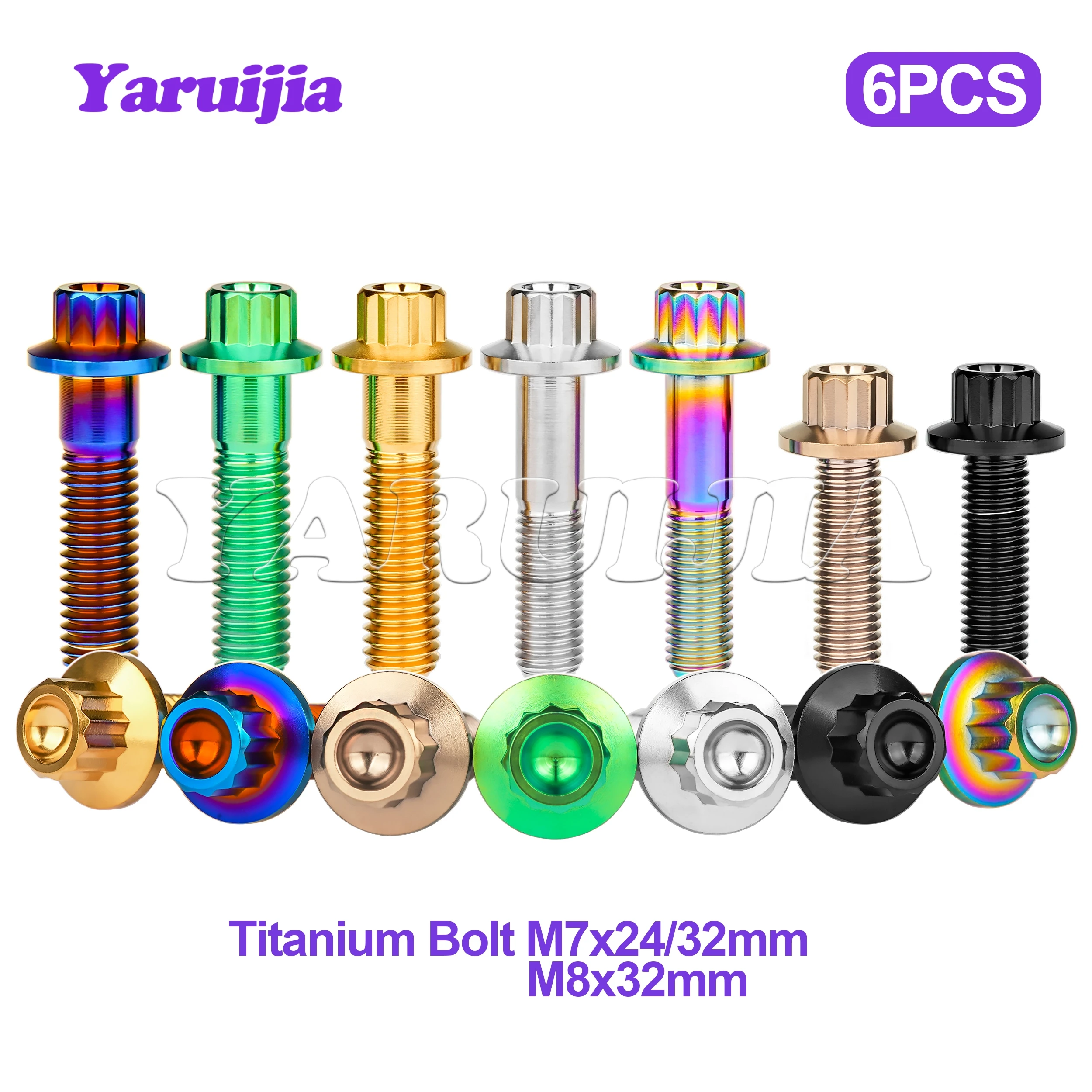 Yaruijia 6PCS Titanium Ti Bolt M7/M8x24/32mm 12 Points Flange Head Screws for Car Wheel Split Rim fasteners