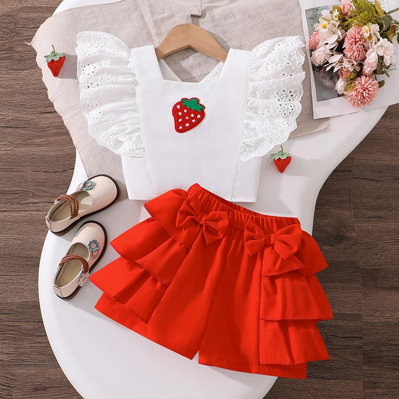 Girls 4-7 Casual 2-Piece Set, Strawberry Embroidered Lace Top & Red Layered Bow Shorts, Sweet for Daily Summer Wear