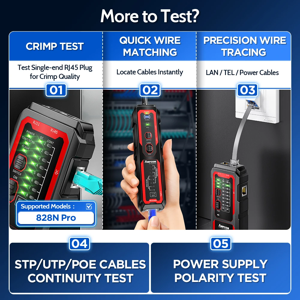 Testador de cabo de rede AMPCOM, carregamento tipo C, 100 V à prova de queimadura, detecção PoE, NCV, kits de rastreador de cabo LAN, flash de porta, verificação de crimpagem