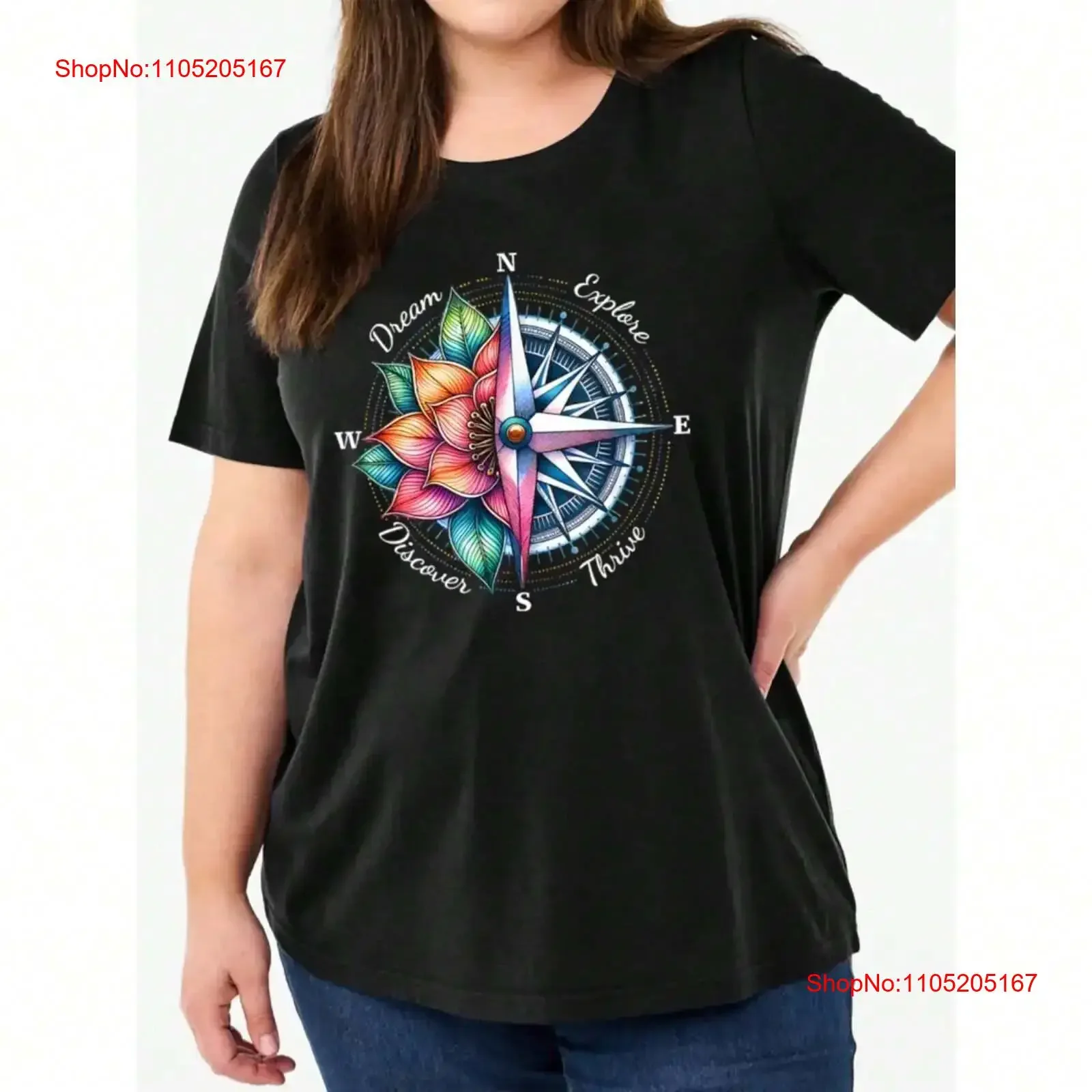 

Retro compass and floral printed T shirt casual round neck women's top vintage Washed Versatile Stylish graphic Comfortable