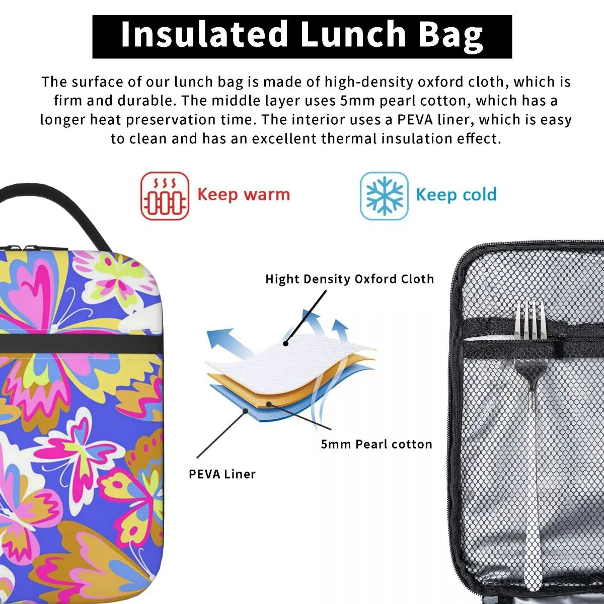 Colorful Butterfly Insulated Lunch Bag for Women Kids Portable Food Boxes Thermal Lunch Box Tote