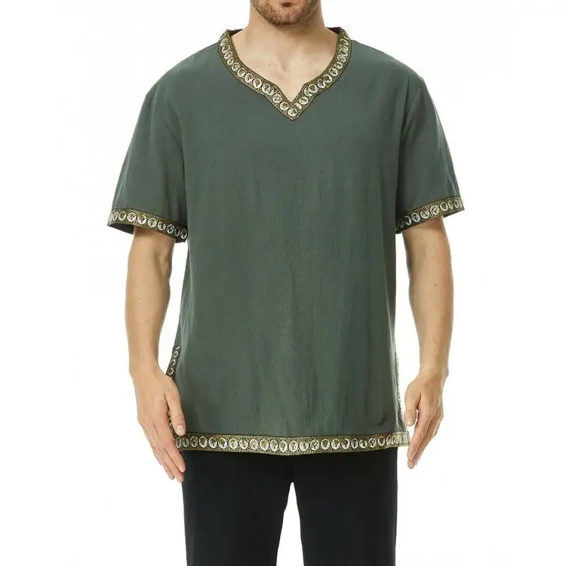 Camisa Medieval para Hombre 2023, Disfraz de Halloween, Vikingo, Caballero, Pirata, Retro, Estilo Valiente, Cintura Ajustada, Algodón, Manga Corta, Informal