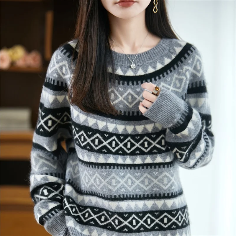 

Женские пуловеры с круглым вырезом из 100% мериносовой шерсти, осень-зима, жаккардовый трикотаж Fair Isle, шикарная свободная одежда из чистой шерсти, свитер Grace