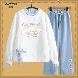 Kawaii Sanrio Cinnamoroll felpa con cappuccio Set ragazze medio e grande bambini felpa stile sciolto primavera autunno vestito cotone regali di compleanno