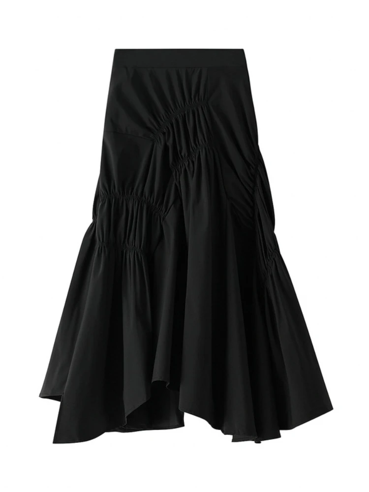 

2024 New Casual Spring Elegant Pleated Long Skirt for Slim Women Casual High Waist Solid Color Asymmetrical Black Flared Skirts