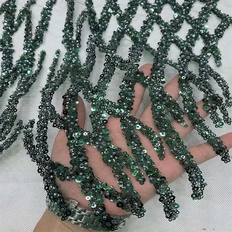 Deep Green Wedding Mesh Lace Fabric Gorgeous Handmade French Beads Tulle Laces Fabrics with Sequins DPW-2346