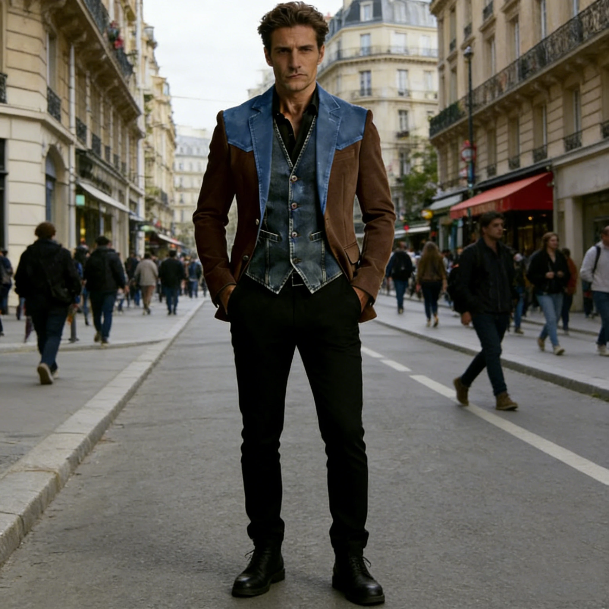 

Men's Blazer Suede Patchwork Denim Western Suit Jacket Two Button Notch Lapel Casual Vintage Streetwear Slim Fit Men Outerwear