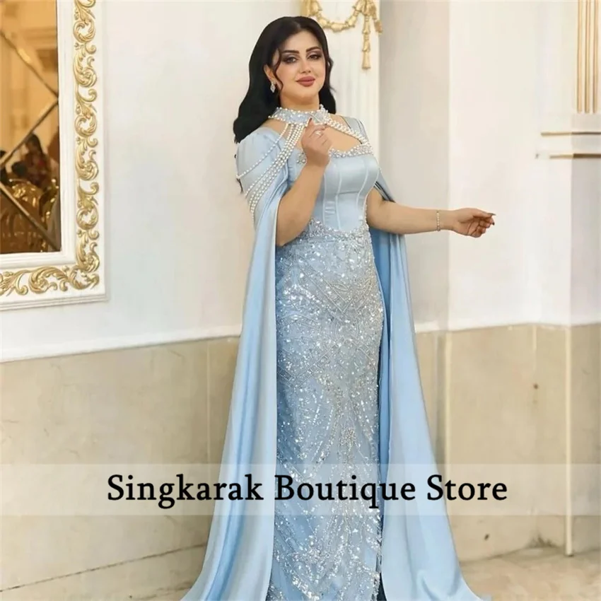 

Customized 2025 Sky Blue Party Dresses Cape Sleeve Elegant Formal Evening Gowns Arabic Formal Prom Party Dress Beading