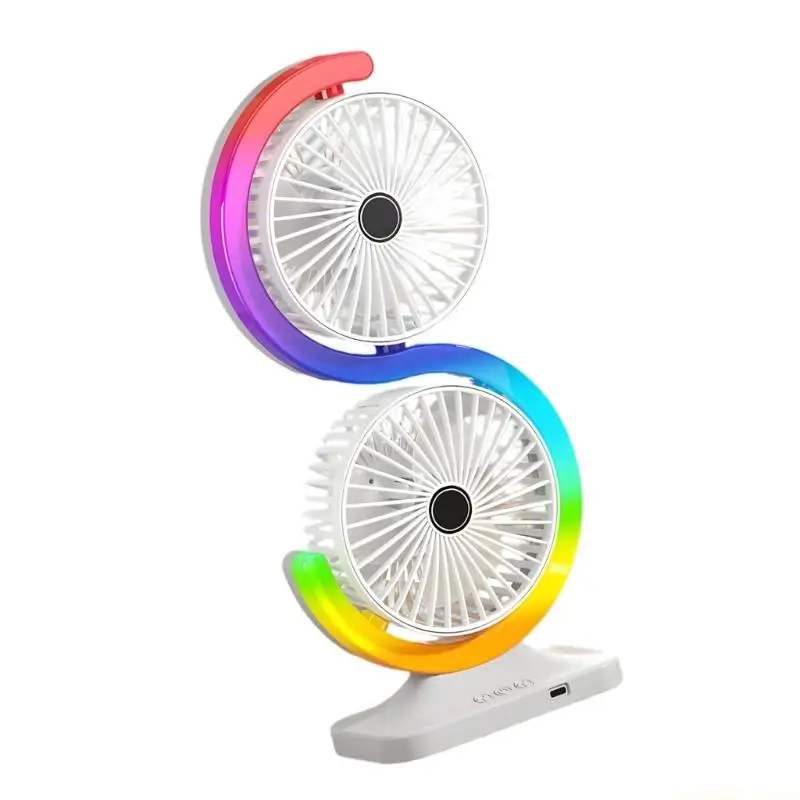 D0AB Innovative S Design Twin Electric Fan With Type C Charging And Multicolor Decorative Lighting