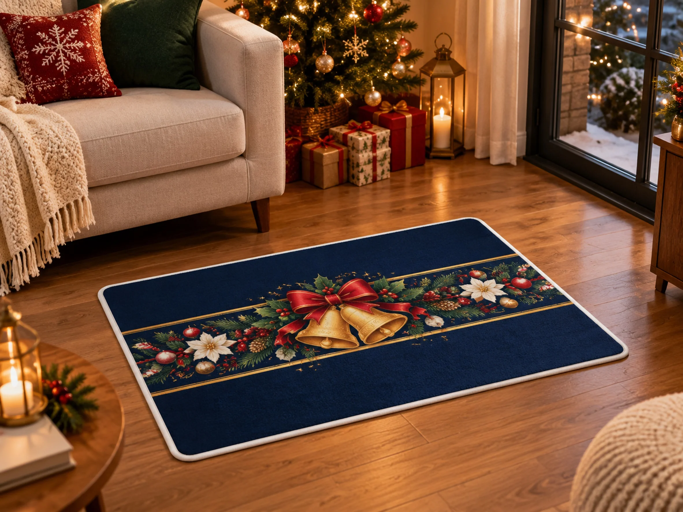 VIKAMA Christmas Midnight Blue Bell Flannel Door Mat, Washable Quick Dry Xmas Mat, Xmas Decor for Front Porch, Mudroom