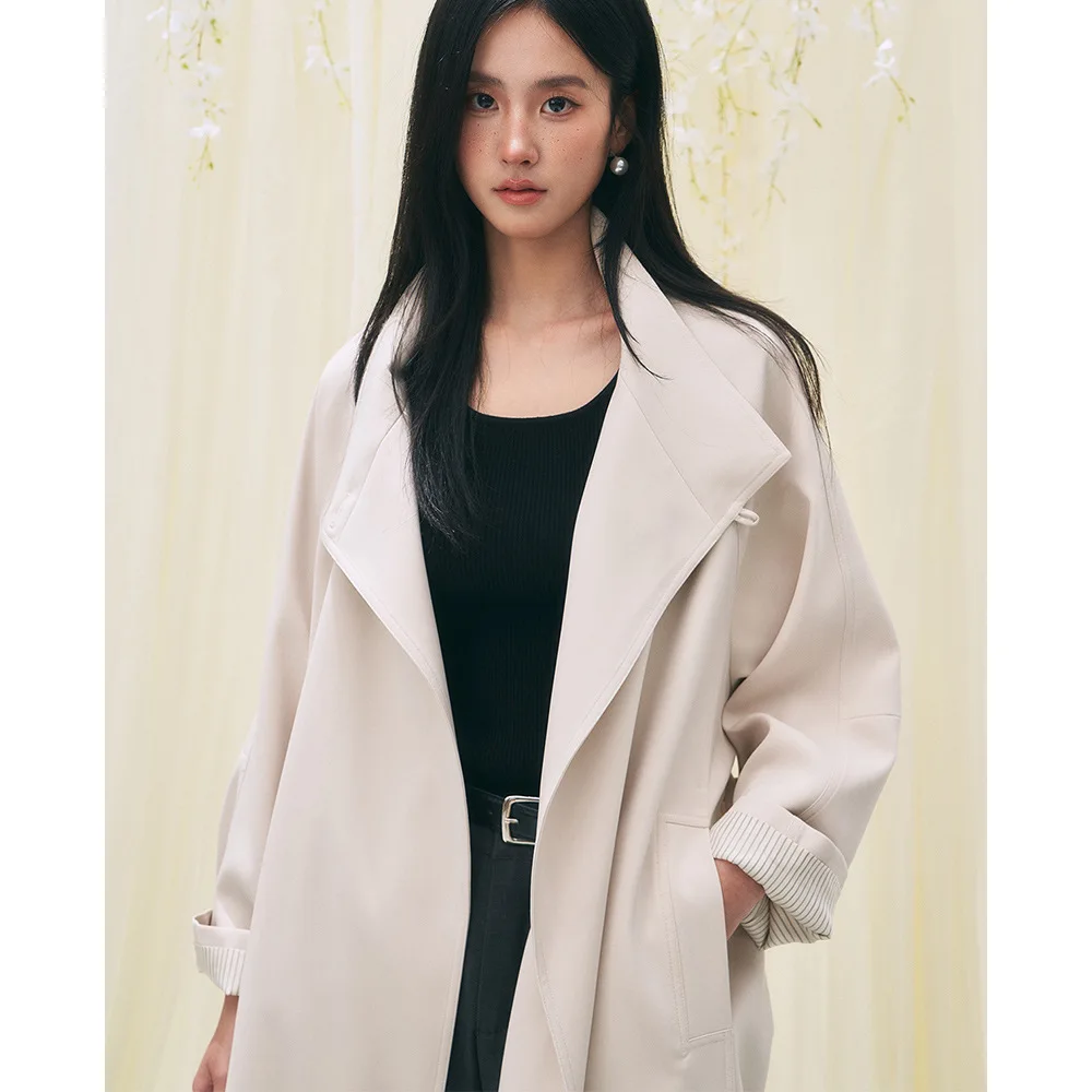 Women Early Spring Retro Casual Loose Stand-up Collar Long Trench Coat
