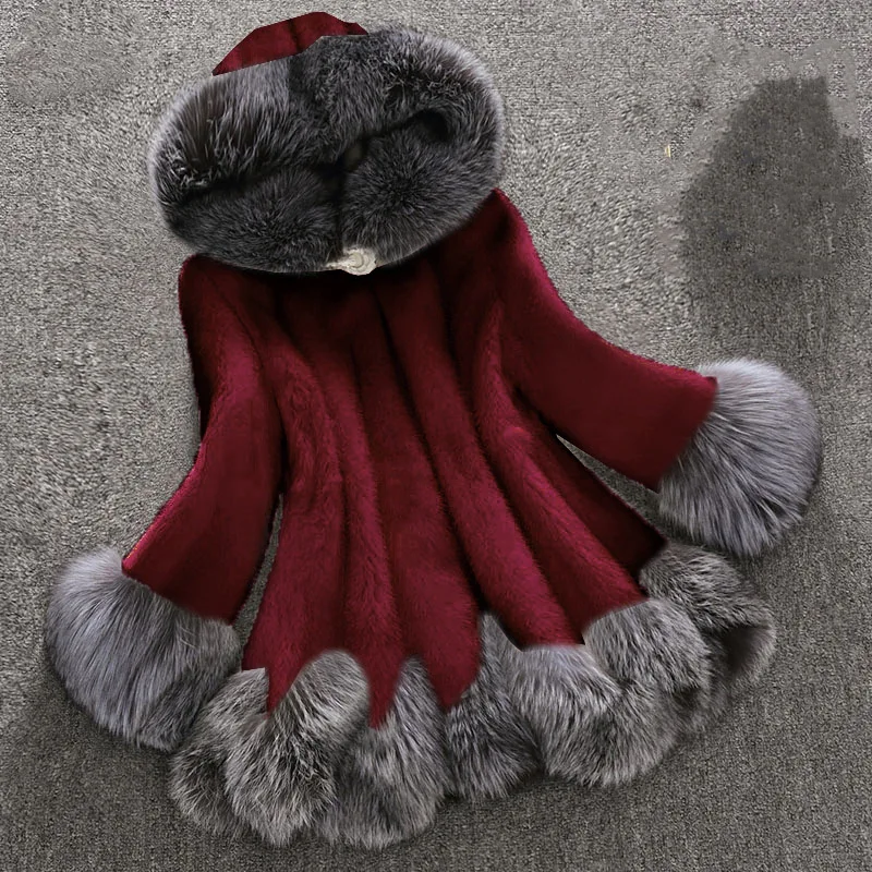 2025 ملابس نسائية موضة تقليد معطف بياقة من فرو الثعلب شتاء جديد 1117