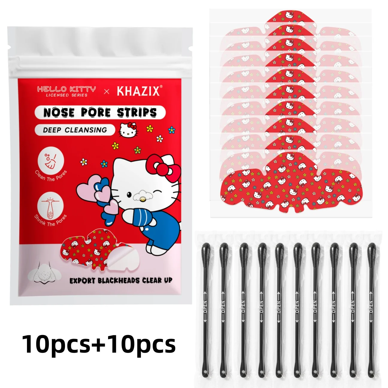 10 pieces + 10 pieces Hello Kitty nose patches, cute cartoon nose patches paired with cotton swabs, a deep-cleaning facial care