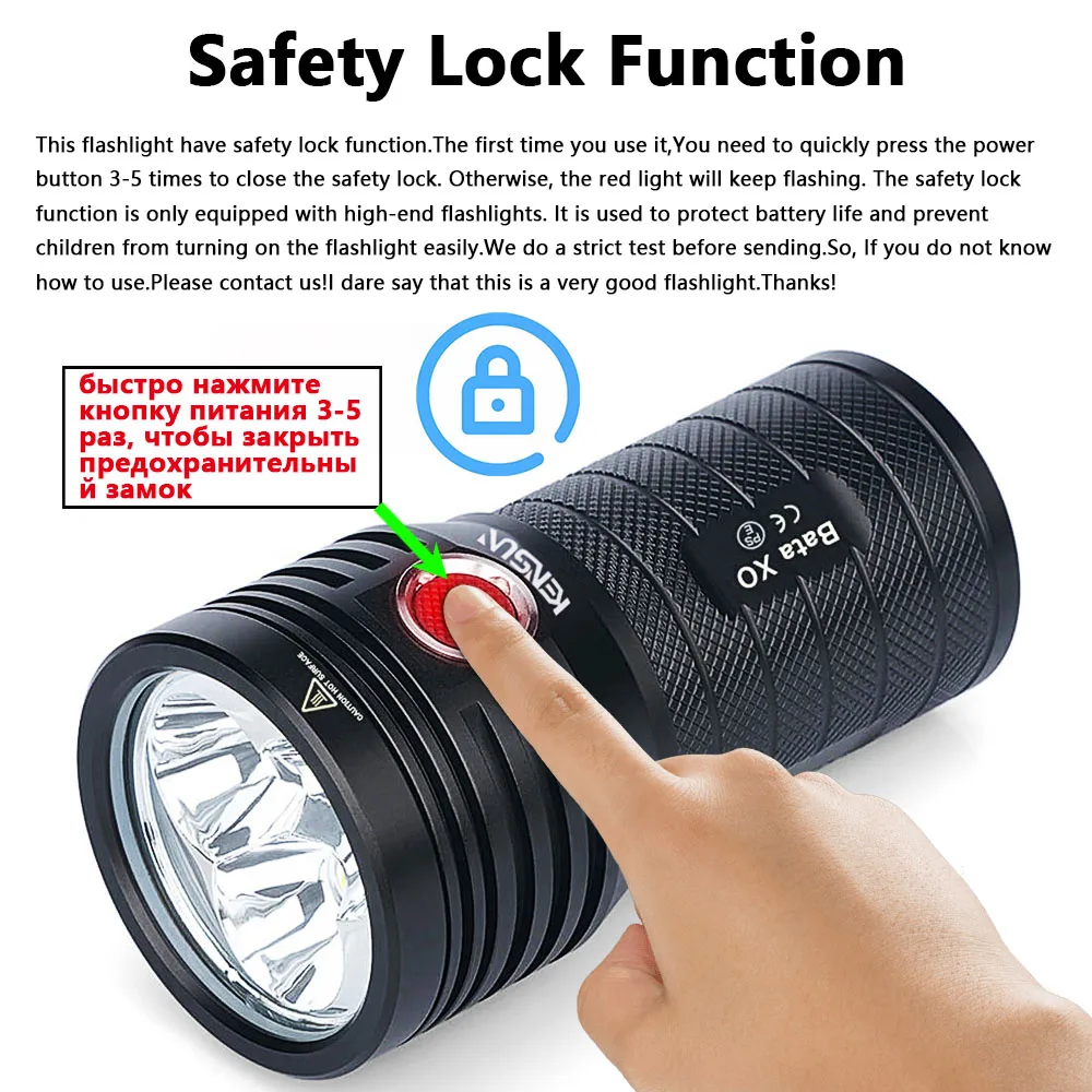 Powerful 3*XHP90 LED Flashlight Safety Lock High Lumen Rechargeable Tactical Torch Hand Lantern for Camping Hiking