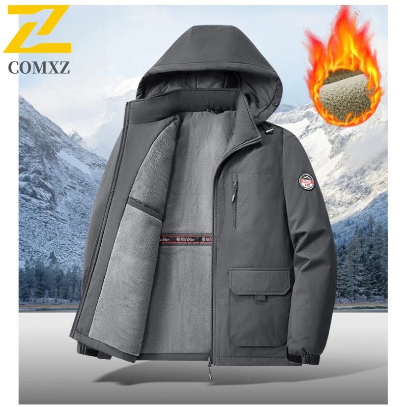 

COMXZ флисовая куртка для мужчин, новинка 2025 года, утолщенное морозостойкое теплое пальто с несколькими карманами и капюшоном, уличная повседневная зимняя свободная ветровка