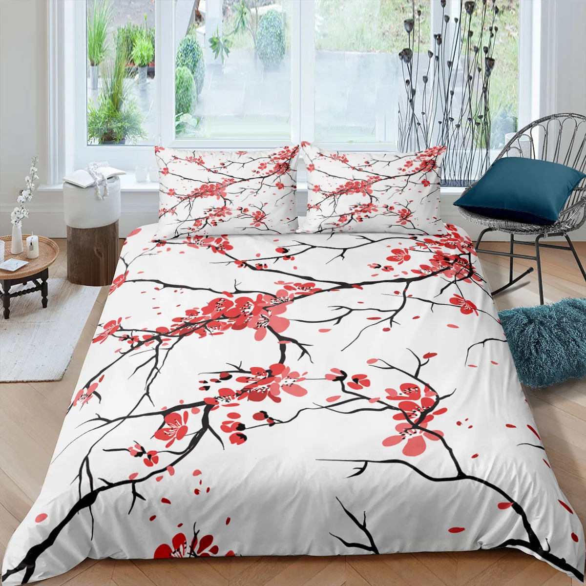 3D Japan Sakura Bedding Set Flower Mountain Duvet Cover with Pillowcase for Kids Adults King Queen Size Polyester Bedding Set