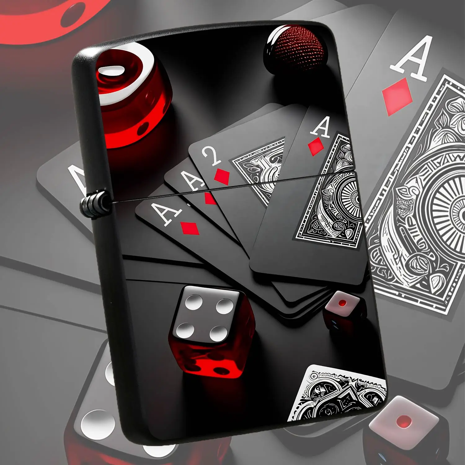 Stylish Black-Red Casino Themed Portable Lighter, Exquisite Printed Playing Cards Dice Pattern Utility, Smooth Compact Carry Item for Daily Commute, Gatherings, Travel, Ideal Unique Gift with Premium Vibe, Fits All Scena A Humorous And Inte