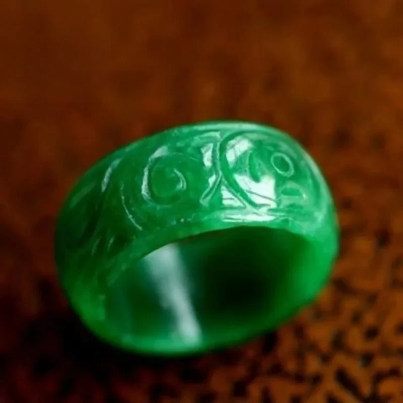 Natural Green Jade Money Carving Ring 18-19mm Fingerstall Jadeite Fashion Charm Jewelry Hand Carved Crafts Luck Gifts Women Men view 2