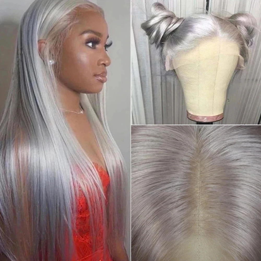 Perruque Lace Front Wig brésilienne naturelle lisse, cheveux gris, 13x4/13x6, pre-plucked, pour femmes