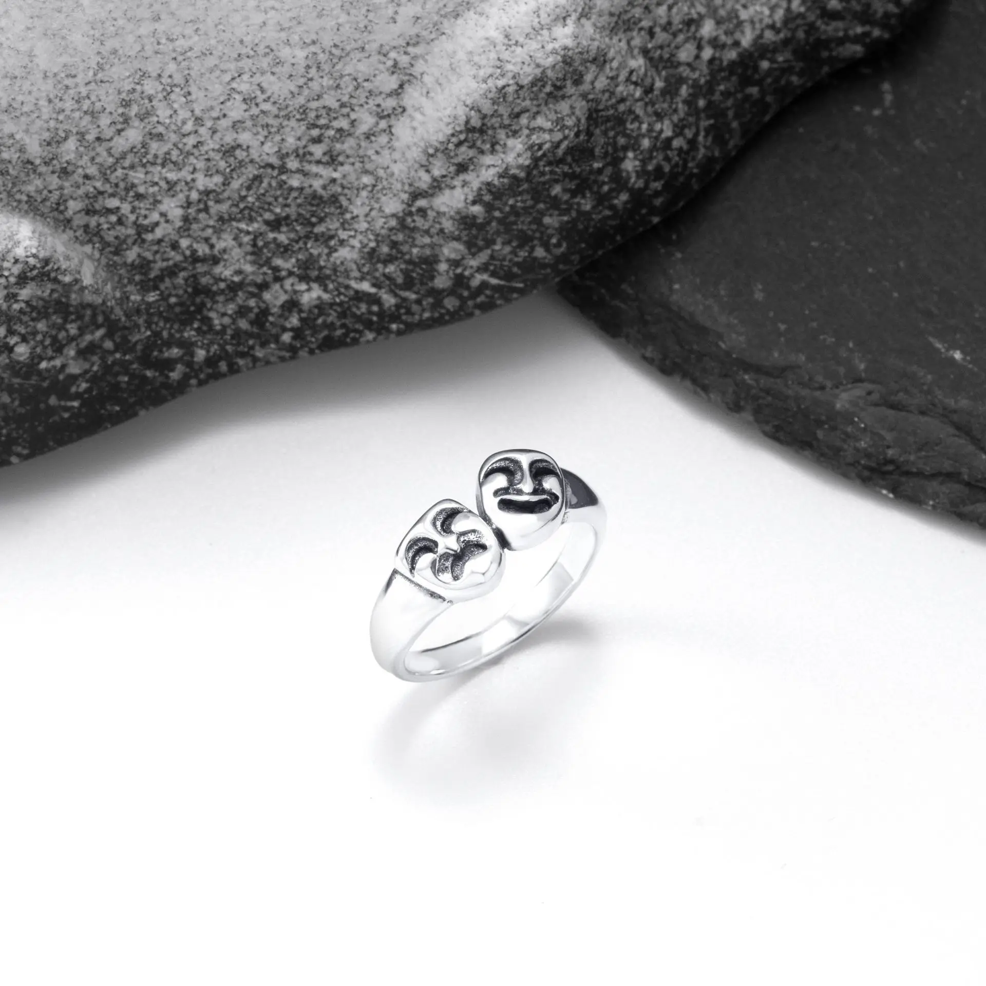 S925 Silver Drama Mask Open Ring Retro Happy Sad Face Finger Ring Vintage Adjustable Jewelry Gift for Men Women