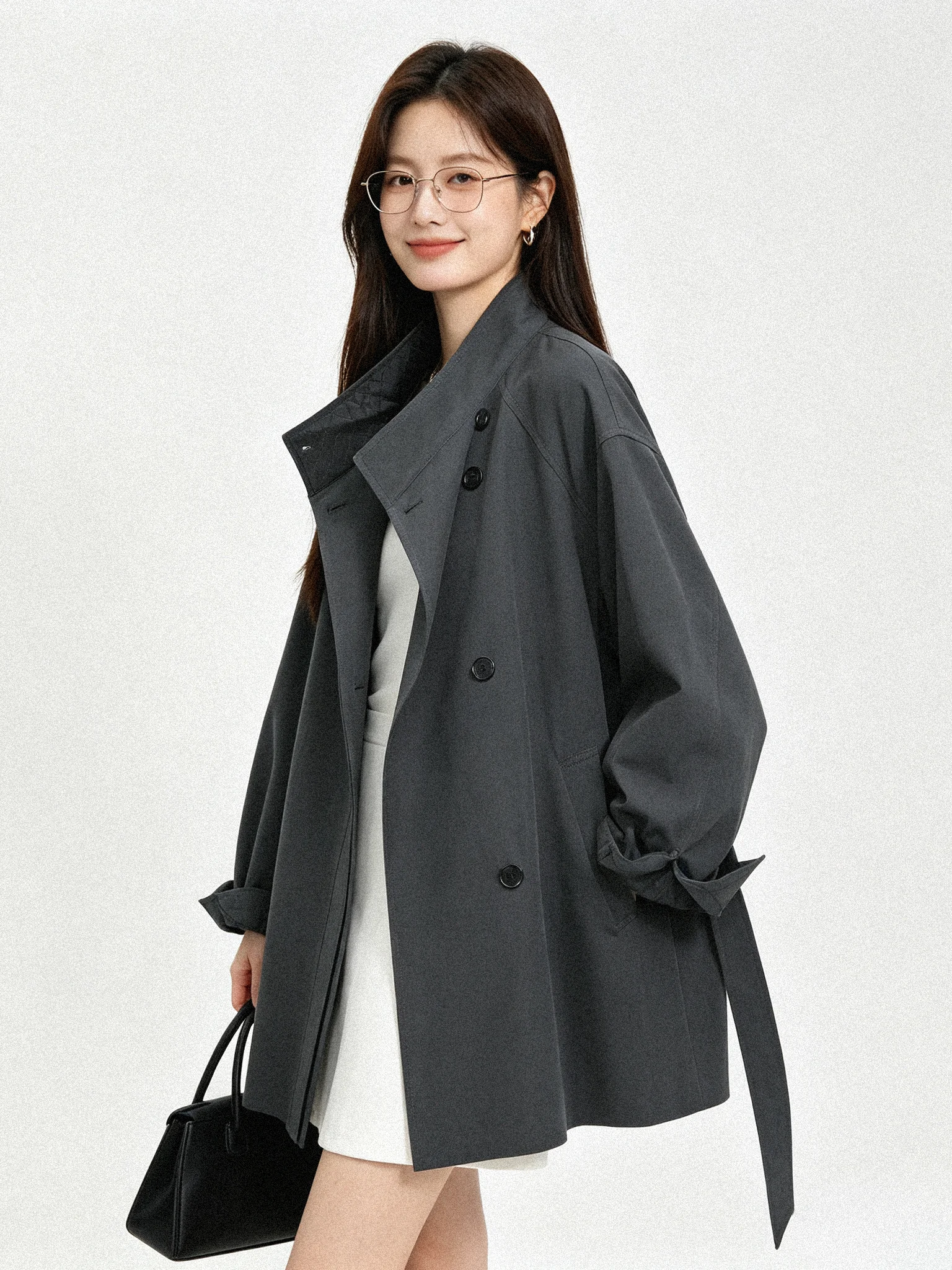 Korean Style Commuter Early Autumn Leather Collar Midi Length Casual Women's Coat Loose Shoulder Drop Large Coat Jacket