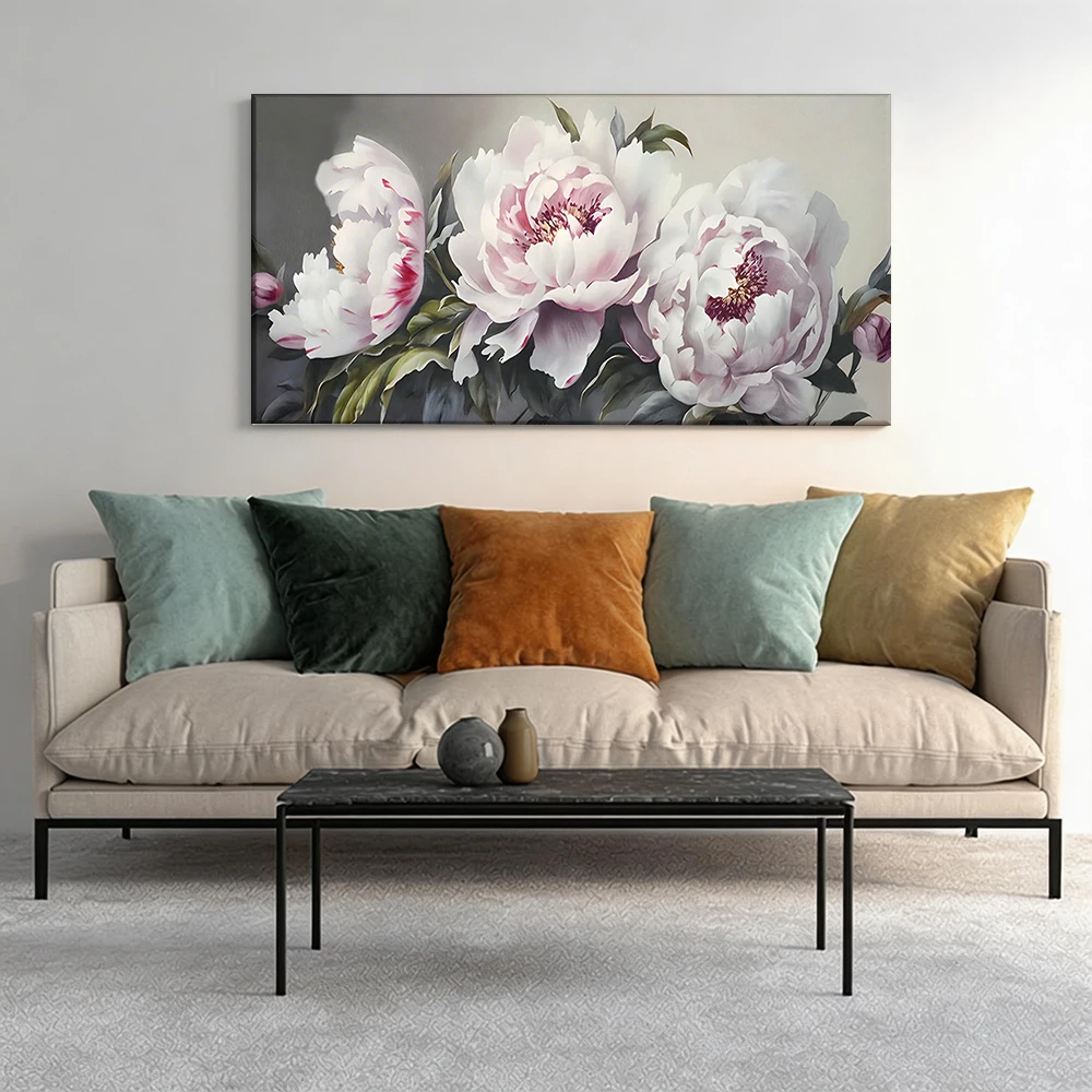 Cuadro de lienzo con marco de madera maciza de gran tamaño, 1 pieza, exquisitos peonías, belleza botánica.