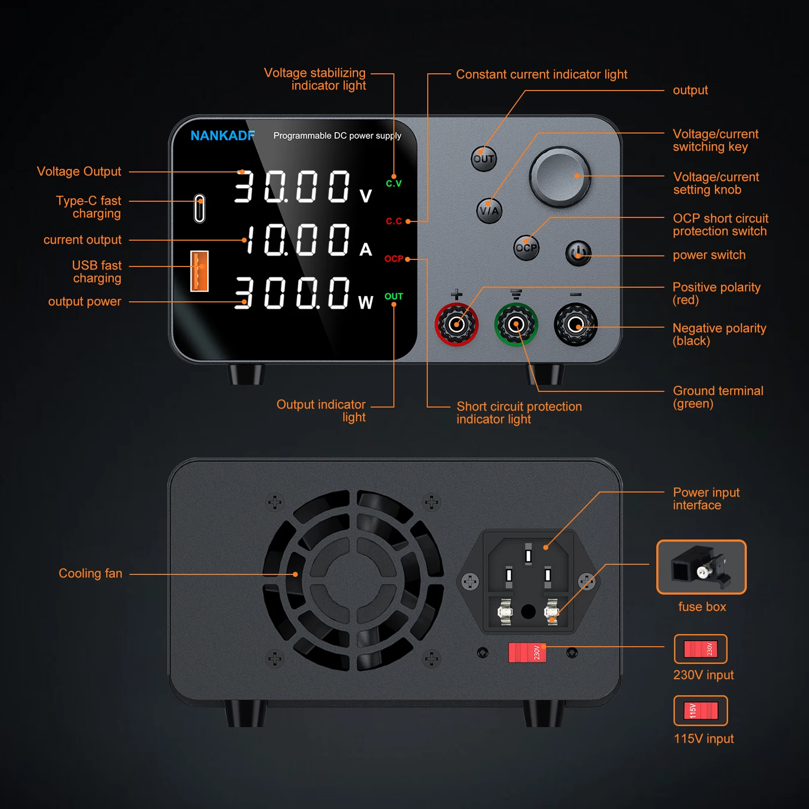 실험실 조정 가능한 DC 전원 공급 장치, 4 자리 LED 디스플레이, 인코더 조정, USB-A/C 타입, 5V/3.6A 고속 충전, 30V 10A