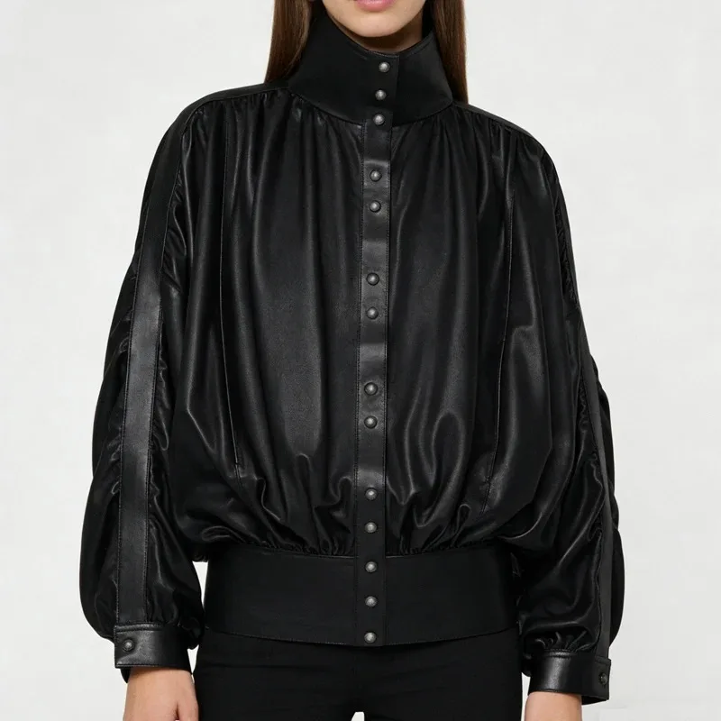 

Весенняя плиссированная кожаная рубашка для женщин, элегантная французская блузка с пышными рукавами, короткая куртка с воротником-стойкой, женские рубашки
