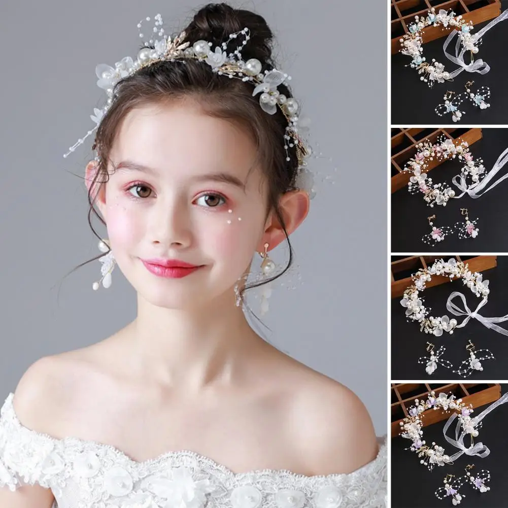 Ribbon Lace-up Girls Headband Elastic Non-slip Hair Hoop Flower Leaves Faux Pearls Decor Kids Princess Crown Hair Accessories