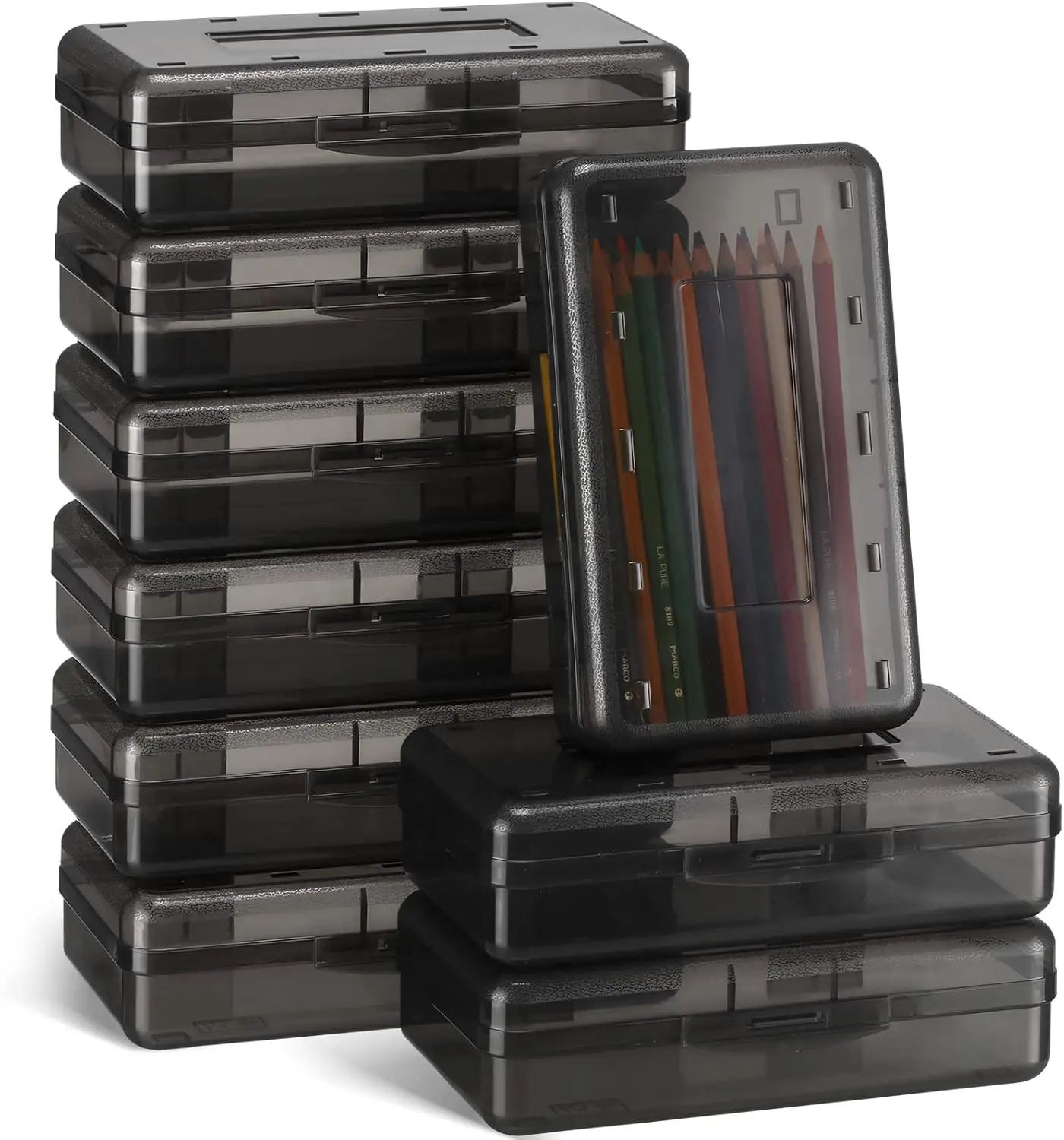 

24 Pack Clear Plastic Pencil Cases, Large Stackable Crayon Boxes for School Classroom Stationery Organizer Supplies in Gray