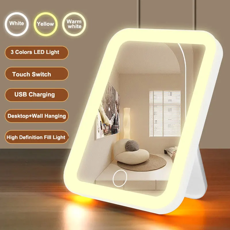Espejo de tocador LED de 3 colores con pantalla táctil Espejo de maquillaje con atenuación recargable por USB portátil