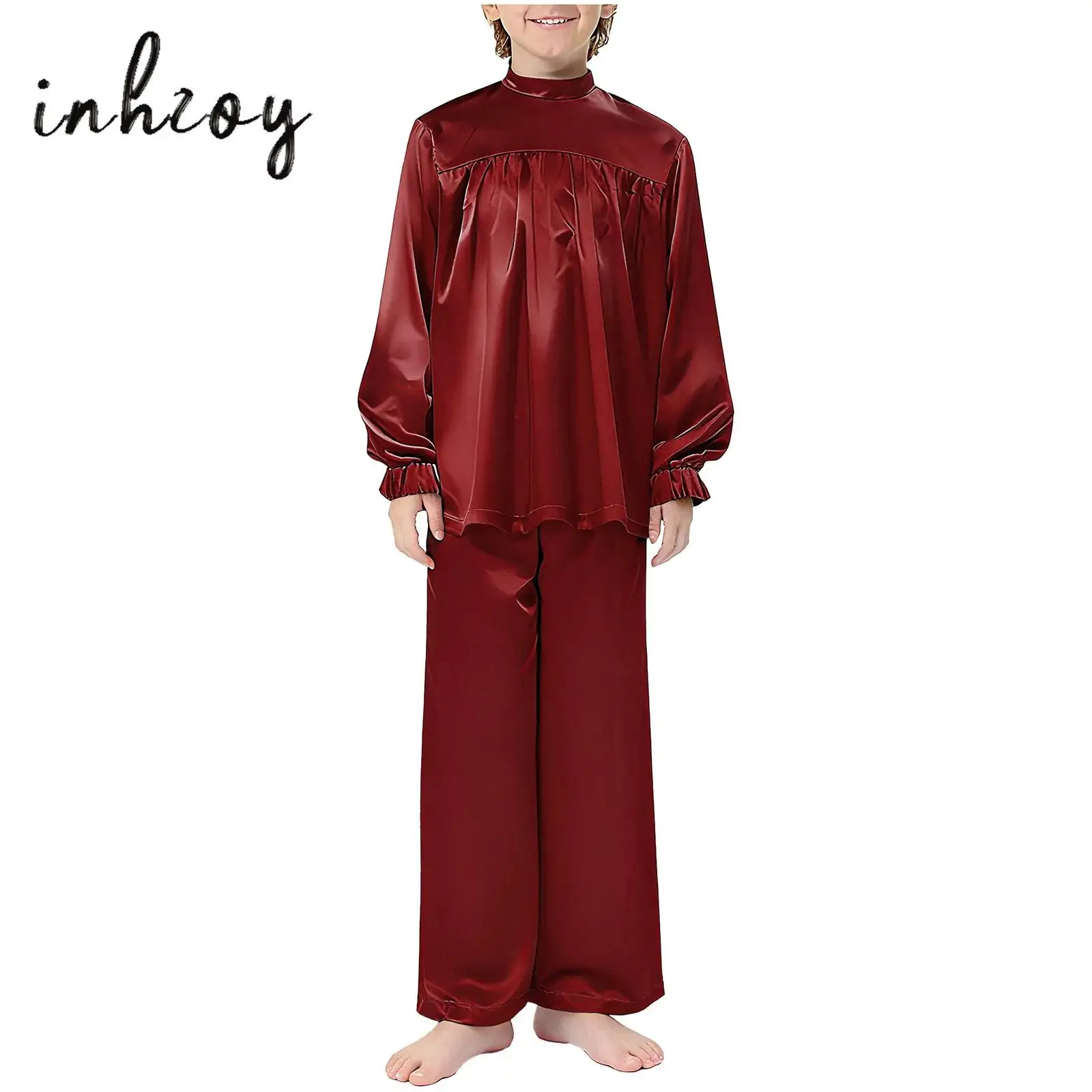

2Pcs/Set Kids Boys Liturgical Praise Dance Costume Mock Neck Long Sleeve Satin Top with Wide-Leg Pants Modern Lyrical Dancewear