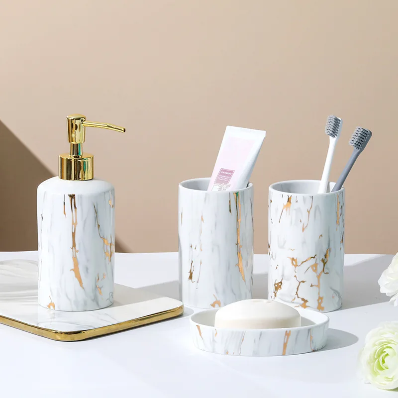 4-Piece Set Ceramic Bathroom Accessories Gold Marble Texture Toothbrush Cup Lotion Bottle Soap Dish Classical Bathroom Set