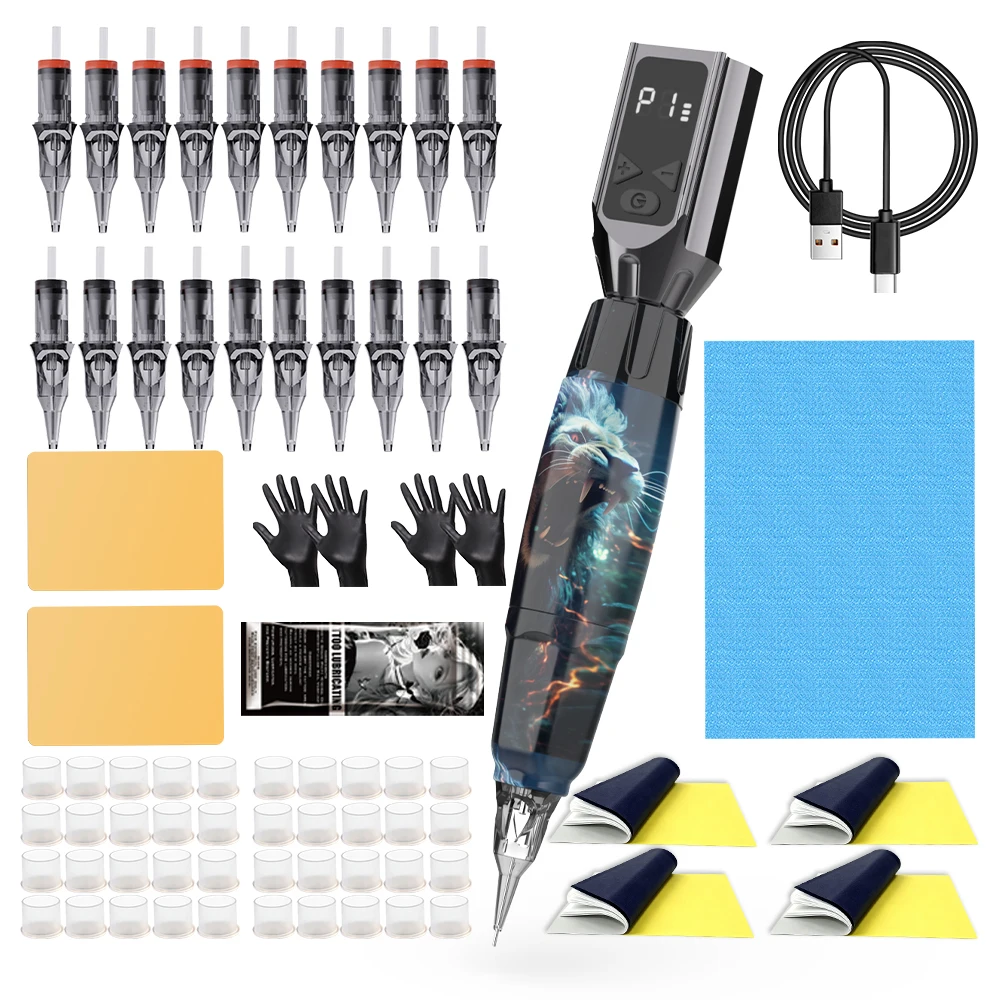 Wireless Rotary Tattoo Pen Kit LCD Display Rechargeable Machine with Cartridge Needles Complete Tattoo Starter Supplies