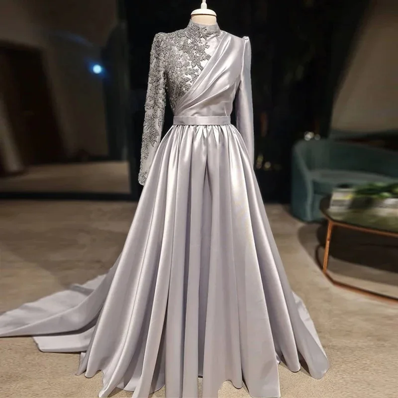 

A-Line Vintage Prom Dress Long Sleeves Special Occasions Evening Gowns Ruched Appliqued Formal Gowns Robe de Mariage Cust