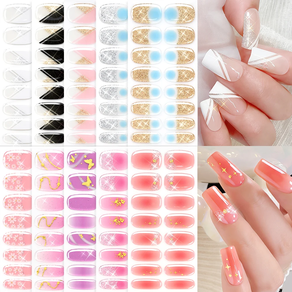 16Tips 3D Shiny French Lines Nail Stickers Nail Decals Baking Free Self-adhesive Gel for Wearing Nails Women's DIY Nail Supplies