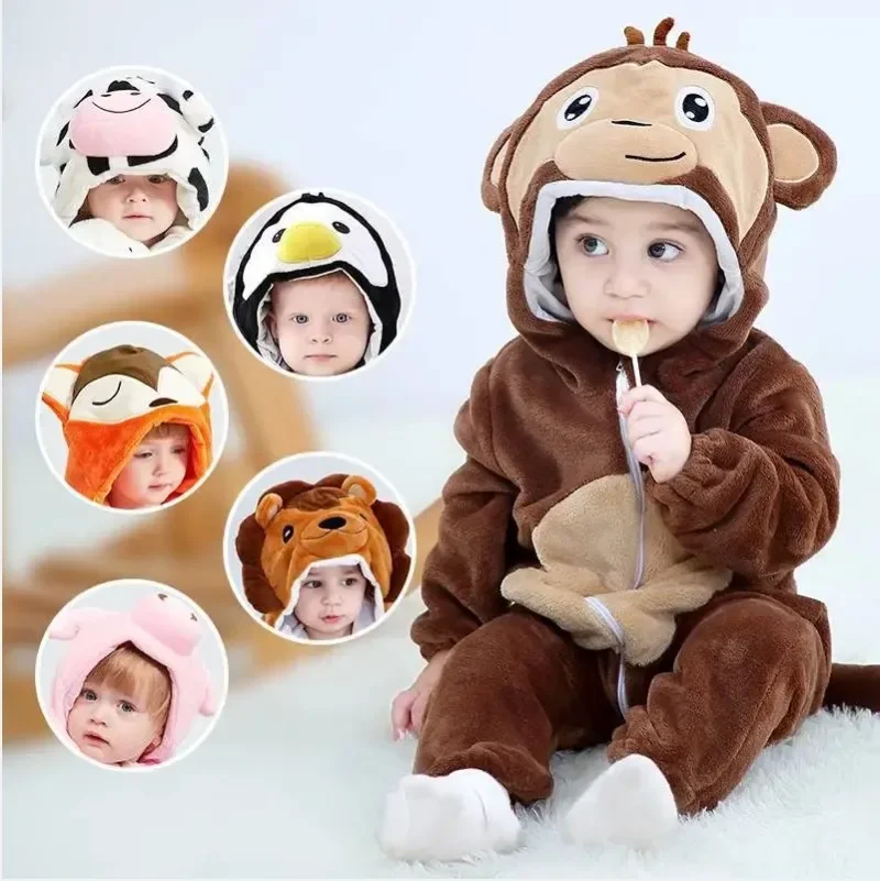 Baby Girls Onesie Kigurumi Monkey Unicorn Cow Lion Animal Cosplay Costume Winter Flannel Jumpsuit 1 to 4 Years Kids Boys Pajamas