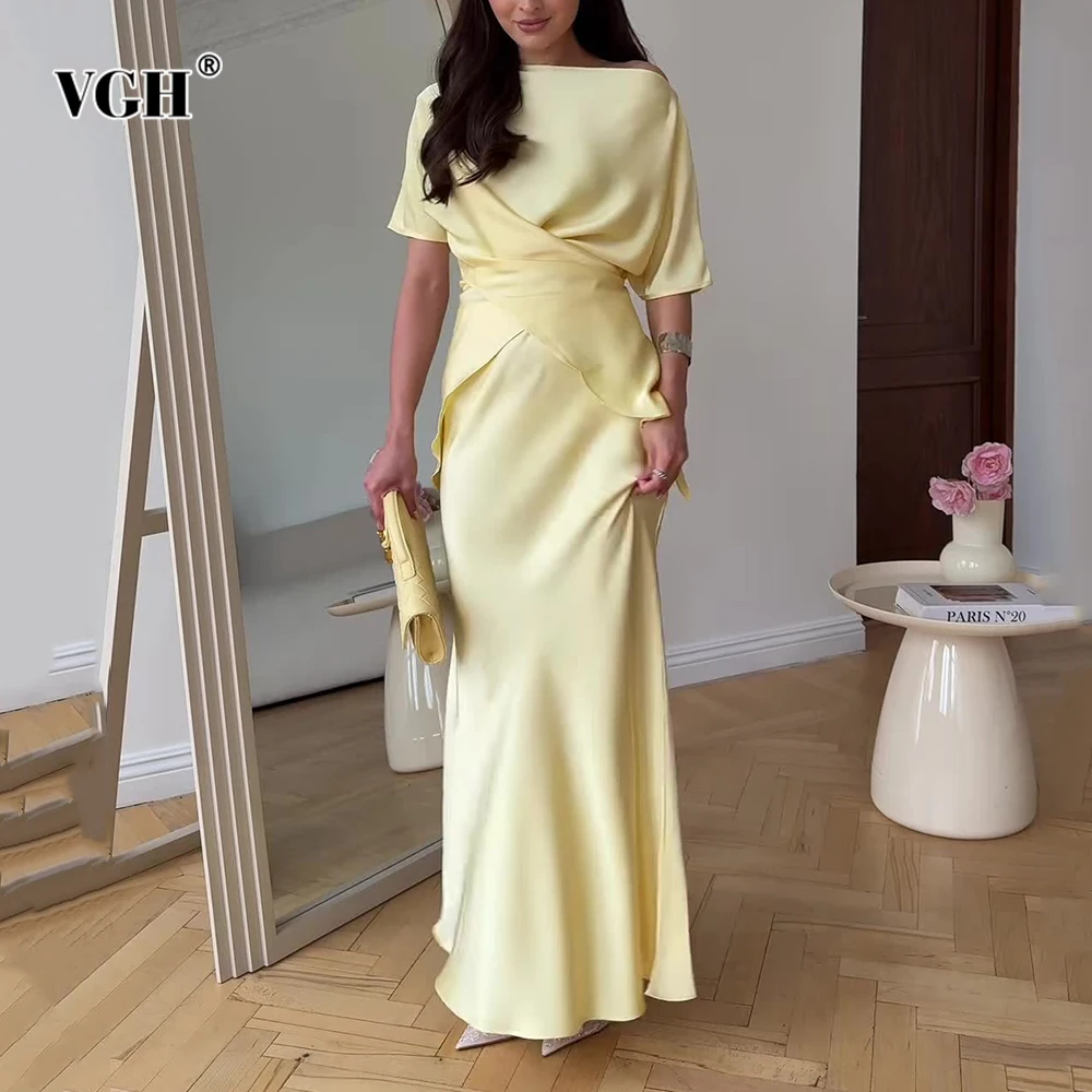 

VGH Solid Slimming Two Piece Sets For Women Round Neck Short Sleeve Spliced Lace Up Top High Waist Long Skirt Chic Set Female