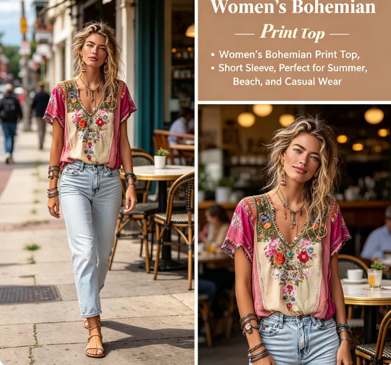 Retro Bohemian Soft Gauze Shirt With Floral Patchwork Printed Ethnic Style Women's V-neck T-shirt