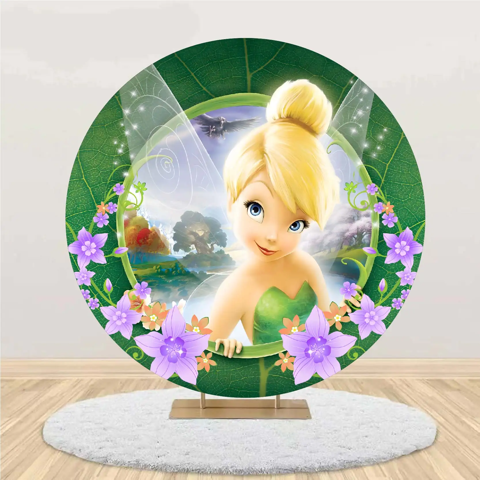 Disney Tinker Bell Circle Backdrop Cover and Cylinder Covers for Girl's Baby Shower Decoration Kids' Birthday Party Supplies