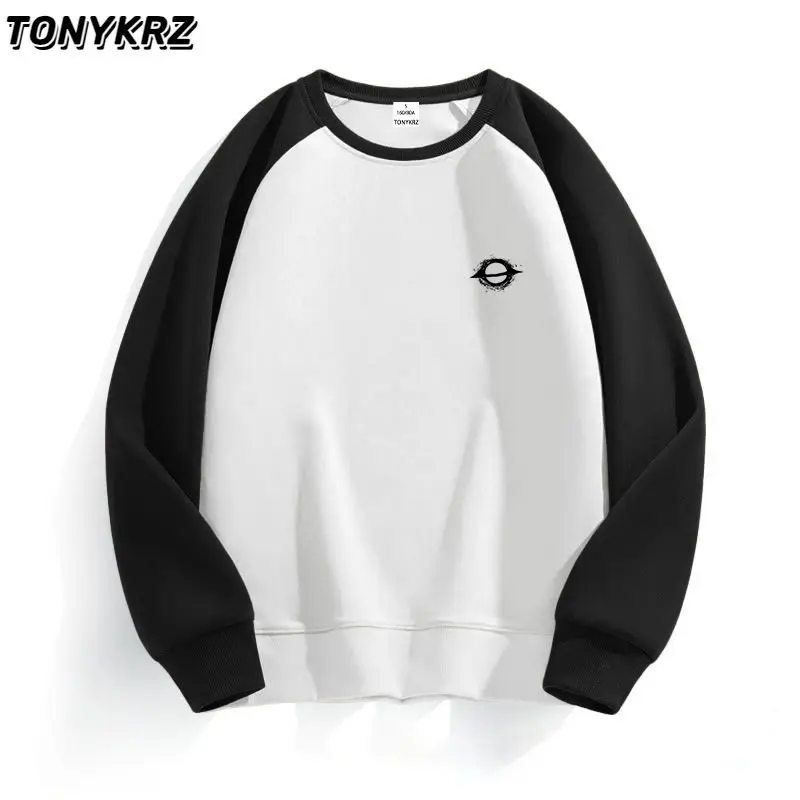 Korean Retro Handsome Cross Shoulder Color Blocked Hooded Sweatshirt for Men Men's Inner Round Neck Top