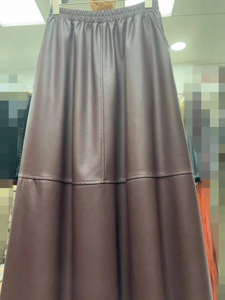 Matakawa A-line PU Skirts Women Autumn Winter Korean Fashion Chic Vintage Faldas Mujer Office Lady Elegant Simple Long Skirt