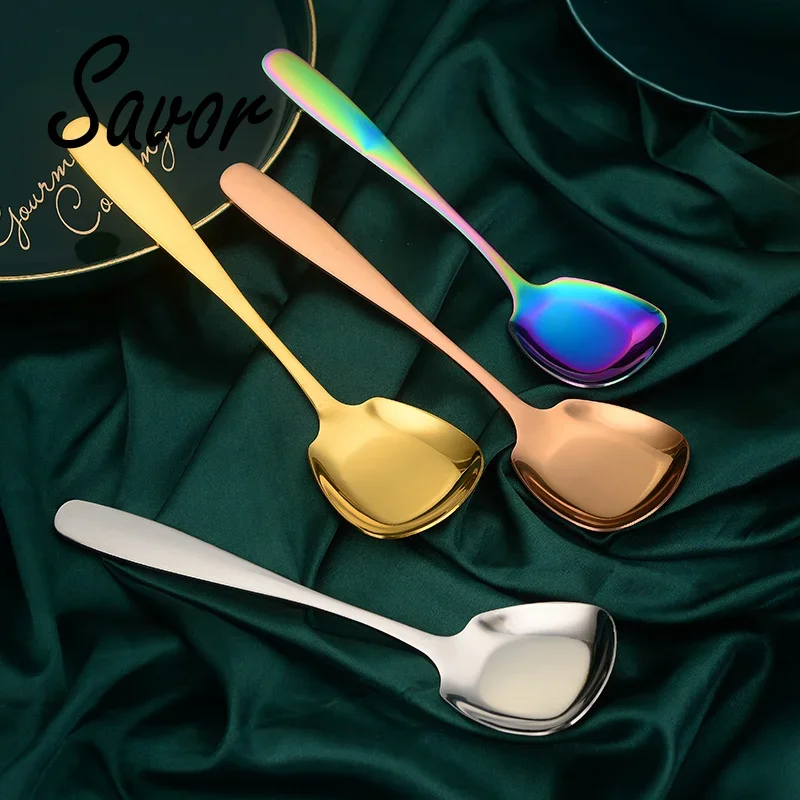 Plat bottom Spoon Stainless Steel Square Dinner spoons Rice Dinnerware Child Long Handle Drink  for Ice Cream Dessert Salad