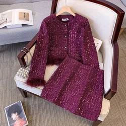 High Quality Vintage Tweed Two Piece Set Women Jacket Coat + Short Skirt Suits Conjuntos Femininos 2 piece sets women outfit