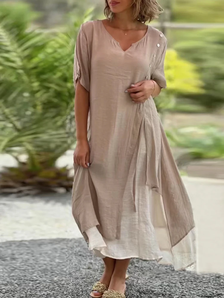 

Casual Women Patchwork V Neck Dress Female Vintage Button Short Sleeve Summer Dress Loose Fit Streetwear Solid Dresses Vestido