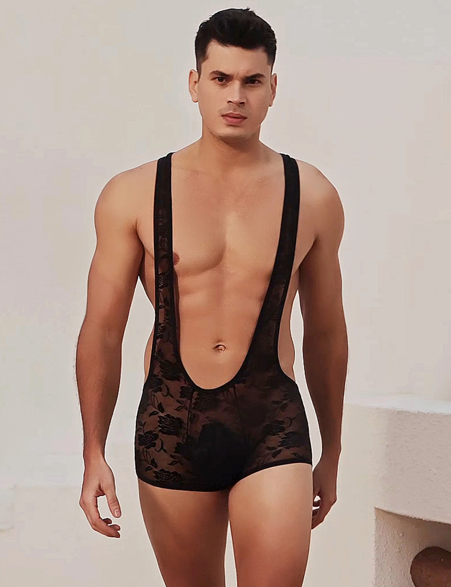 

Black Men Lingerie Large Size Strap One Piece Boxer U-Shaped Convex Pouch Transparent Mesh Jumpsuit Underwear Sexy Lace Bodysuit