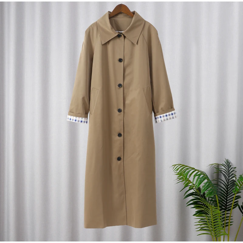 Women Solid Single Breasted Lapel Windbreaker Long Sleeve Plaid Lining Trench Coat 2024 New Autumn Chic High Street Overcoat