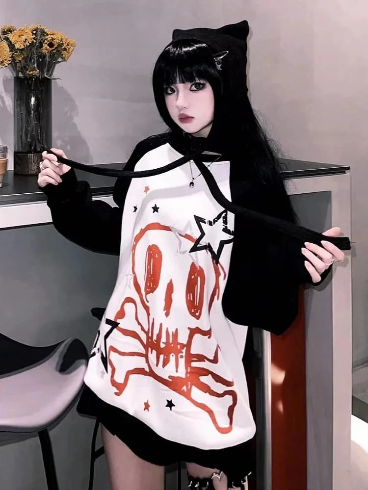 Casual Oversized Raglan Round Neck Hooded Sweatshirt Y2K Punk Black and White Skull Star Graffiti Print Pullover Party Top - view 2