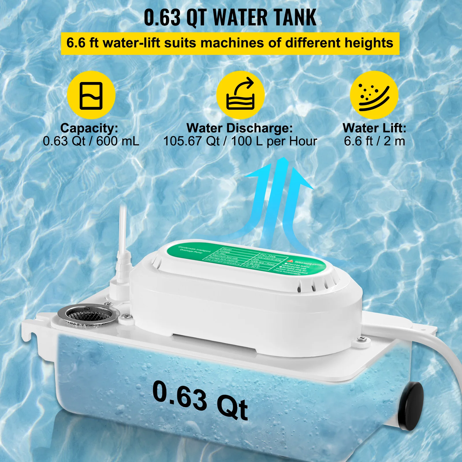 VEVOR-bomba automática de eliminación de condensados, máquinas de hielo con tanque de 0.6L, aire acondicionado, bomba de drenaje Ultra silenciosa, elevación de 2M, 110V