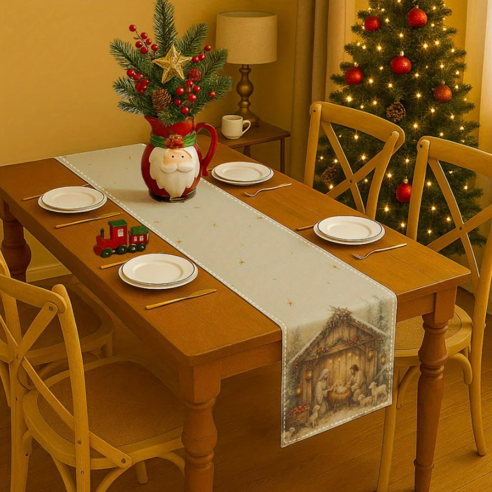 1pc Christmas Table Runner with Manger Scene, Nativity Star & Snowy Pine Trees - Beige & Golden Winter Holiday Decor